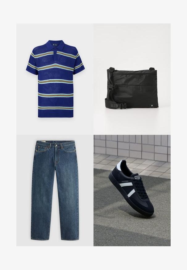 Blaues gestricktes Poloshirt mit kurzen Ärmeln, das horizontale Streifen in Weiß, Grün und Rot sowie eine Knopfleiste mit drei Knöpfen aufweist.; Dunkelblaue Jeans aus Denim mit geradem Schnitt, fünf Taschen, sichtbaren Nähten und einem Metallknopfverschluss an der Taille. Stoff mittlerer Dicke.; Schwarze Leder-Sneaker mit weißen Streifen, strukturiertem Gummisohle und Schnürung. Verfügt über ein Markenetikett auf der Zunge.; Schwarze Nylon-Umhängetasche mit verstellbarem Riemen, flachem Design und seitlichem Etikett mit Logo. Glatte Textur und minimalistischer Stil.