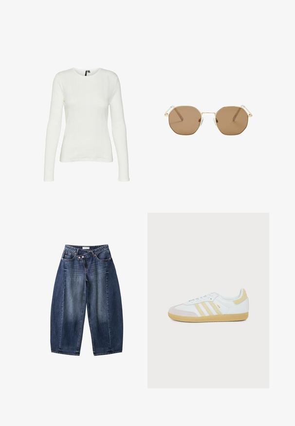 Hvid langærmet skjorte med rund halsudskæring. Stoffet har et struktureret mønster med lodrette linjer og ribbede detaljer.; Blå vidde jeans med hög talje og asymmetrisk dobbeltknaplukning, vist på hvid baggrund.; Hvid Adidas Samba sneaker med beige ruskinddetaljer, tre teksturerede striber og gummsål set fra siden på en hvid baggrund.; Guldindfattede ottekantede solbriller med brune linser og klare stænger; har minimal hardware og en glat overflade.