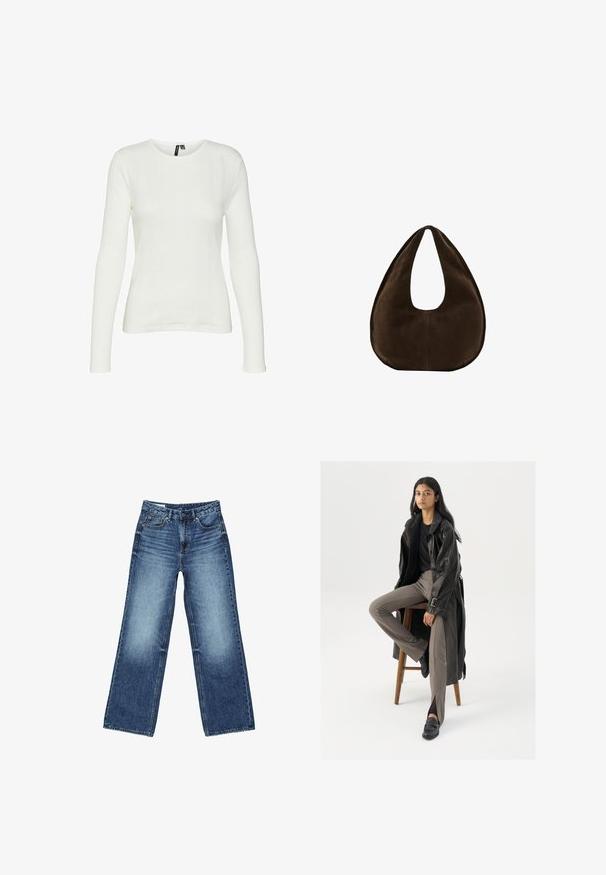 Hvid langærmet skjorte med rund halsudskæring. Stoffet har et struktureret mønster med lodrette linjer og ribbede detaljer.; Blå denimjeans med høj talje, forreste knap og lynlås, lommer foran og bagpå samt en let falmet vask.; Sort læder trench coat med knapper og bælte detalje, parret med lysebrune tætsiddende bukser og sorte loafers, siddende på en træstol.; Mørkebrun ruskind skuldertaske formet som en halvmåne med en bred rem og glat tekstur på en hvid baggrund.