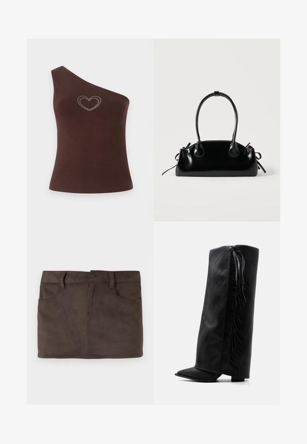 Hnedý top na jedno rameno, vyrobený z hladkej tkaniny, s dizajnom srdca z rhinestones na hrudníku. Jednoduchý strih a čisté línie.; Hnedá semišová miniskirt s dvoma prednými vreckami, pútkami na opasok a predným zapínaním na gombík. Hladká textúra s jemným leskom.; Čierna kožená čižma po kolená so špicatou špičkou a dekoratívnymi strapcami pozdĺž vonkajšej strany na čistom bielom pozadí.; Malá čierna lesklá kabelka s dvoma dlhými rúčkami a bočnými šnúrkovými detailmi na jednoduchom svetlom pozadí.
