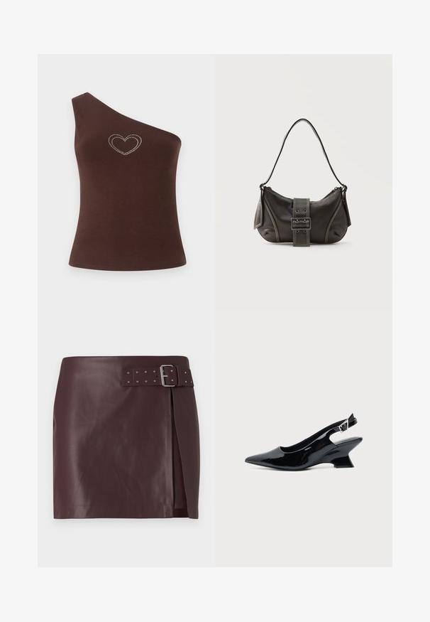 Top tank marron sur une épaule, fabriqué dans un tissu lisse, présentant un design de cœur en strass sur la poitrine. Coupe simple et lignes épurées.; Jupe en simili cuir bordeaux avec une taille ceinturée et une boucle métallique, présentant une fente sur le côté et une texture lisse et polie.; Chaussure slingback en cuir verni noir avec bout pointu et petit talon bloc incliné sur fond clair uni.; Sac à épaule en cuir noir avec une sangle à boucle, des bords arrondis et des coutures blanches contrastées sur un fond uni.