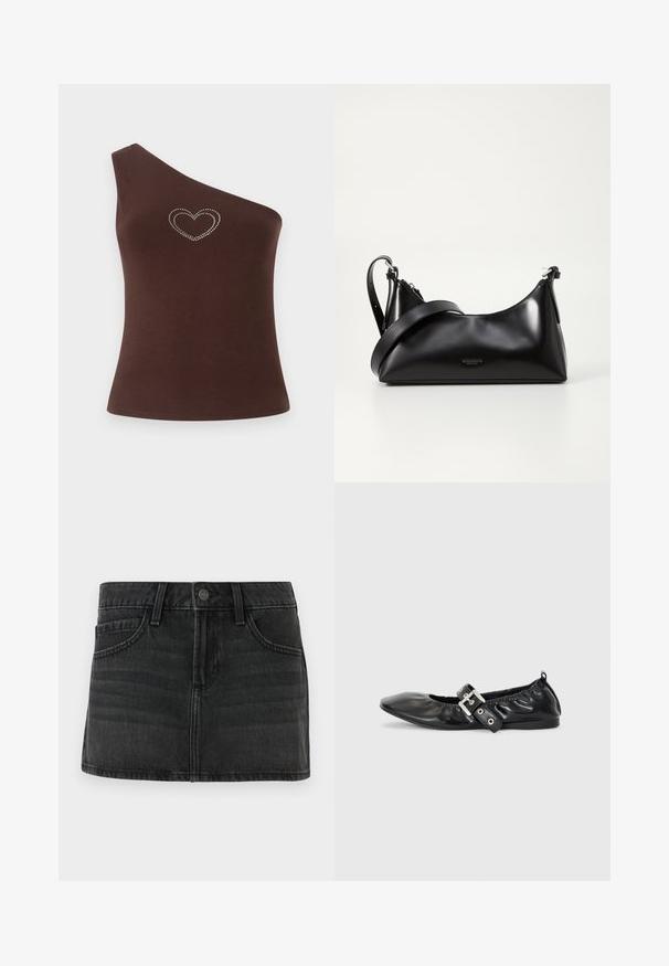 Top tank marron sur une épaule, fabriqué dans un tissu lisse, présentant un design de cœur en strass sur la poitrine. Coupe simple et lignes épurées.; Jupe en denim noir au design ajusté, cinq poches et une taille. Elle dispose d'une fermeture à bouton en métal et d'un léger effet délavé.; Chaussure plate en cuir noir avec un nez pointu, des détails froncés autour de l'ouverture et un accent en boucle argentée sur la bride ajustable.; Sac à main en cuir noir avec une texture lisse. Dispose d'une bandoulière adjustable et d'un design élégant et minimaliste avec une fermeture éclair.