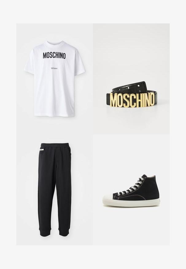 Biele bavlnené tričko s odvážnym čiernym textom "MOSCHINO" nad menším textom "Milano". Klasický okrúhly výstrih a krátke rukávy.; Čierne tepláky vyrobené z mäkkého materiálu, s elastickým pásom, bočnými vreckami a rebrovanými manžetami na členkoch. Minimalistický dizajn.; Čierne vysoké tenisky vyrobené z plátna s bielou gumovou podrážkou a kapcom. Obsahujú biele šnúrky a kontrastné šitie.; Čierny kožený opasok s krokodílou textúrou a veľkým zlatým logom "MOSCHINO" ako sponou. Obsahuje viacero nastavovacích dierok.