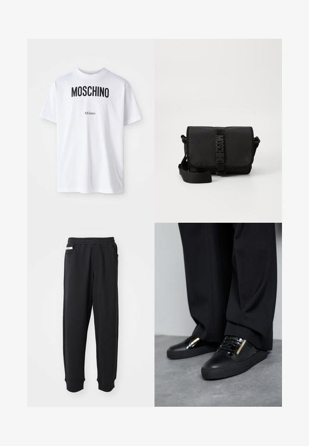 Hvid bomulds T-shirt med fed sort "MOSCHINO" tekst over mindre "Milano" tekst. Klassisk rund halsudskæring og korte ærmer.; Sorte sweatpants lavet af blødt stof, med elastisk talje, sidelommer og ribbede manchetter ved anklerne. Minimalistisk design.; Sorte lædersneakers med blanke accenter, teksturerede snørebånd og lynlåsdetalje; parret med mørke, løse bukser på et gråt gulv.; Sort nylon crossbody taske med en klap, prydet med en fremtrædende logo-rem lukning, justerbar rem og sidelægninger.