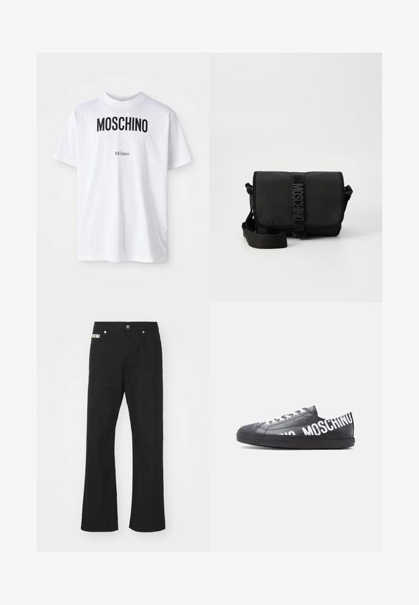 Weißes Baumwoll-T-Shirt mit auffälligem schwarzen "MOSCHINO"-Text über kleinerem "Milano"-Text. Klassischer Rundhalsausschnitt und kurze Ärmel.; Schwarze Baumwollhose mit geradem Bein, mit einem Frontknopfverschluss, zwei seitlichen Taschen und einem kleinen Markenetikett am Bund.; Schwarzer Sneaker mit niedrigem Schaft, weißen Schnürsenkeln und "MOSCHINO" in großen weißen Buchstaben seitlich entlang der Seite und Ferse gedruckt.; Schwarze Nylon-Crossbody-Tasche mit Klappe, ausgestattet mit einem auffälligen Logo-Gurtverschluss, verstellbarem Tragegurt und seitlichen Steppnähten.