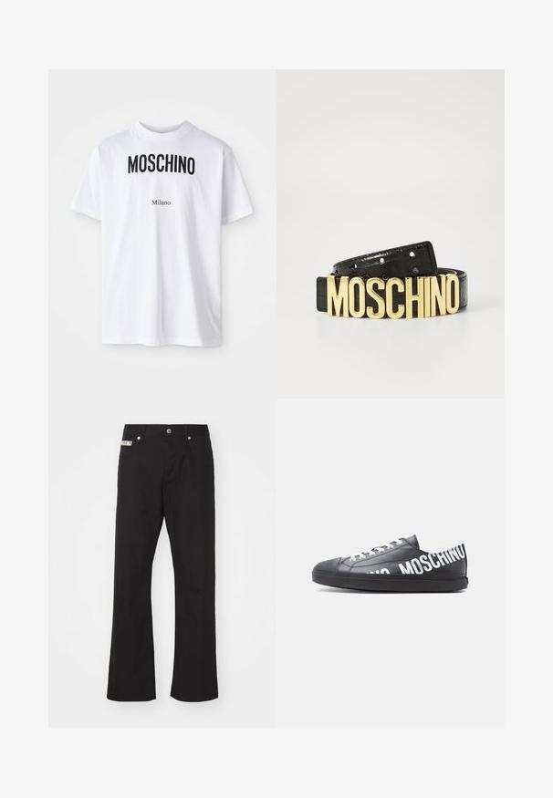 Witte katoenen T-shirt met bold zwarte "MOSCHINO" tekst boven de kleinere tekst "Milano". Klassieke ronde hals en korte mouwen.; Zwarte katoenen broek met een rechte pijpdesign, voorzien van een sluiting met een knoop aan de voorkant, twee zijzakken en een klein merklabel op de tailleband.; Zwarte lage sneaker met witte veters en "MOSCHINO" in grote witte letters langs de zijkant en hiel gedrukt.; Zwarte leren riem met een krokodillenstructuur en een grote gouden "MOSCHINO" logo als gesp. Voorzien van meerdere verstelgaten.