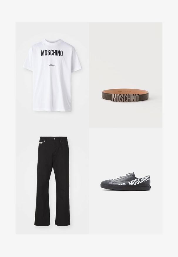 Witte katoenen T-shirt met bold zwarte "MOSCHINO" tekst boven de kleinere tekst "Milano". Klassieke ronde hals en korte mouwen.; Zwarte katoenen broek met een rechte pijpdesign, voorzien van een sluiting met een knoop aan de voorkant, twee zijzakken en een klein merklabel op de tailleband.; Zwarte lage sneaker met witte veters en "MOSCHINO" in grote witte letters langs de zijkant en hiel gedrukt.; Zwarte leren riem met grote zilverkleurige metalen letters die MOSCHINO spellen op de voorsluiting, weergegeven op een effen lichte achtergrond.