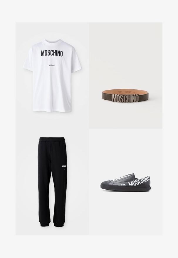 Λευκό βαμβακερό T-shirt με έντονο μαύρο κείμενο "MOSCHINO" πάνω από μικρότερο κείμενο "Milano". Κλασική στρογγυλή λαιμόκοψη και κοντά μανίκια.; Μαύρες φόρμες με χαλαρή εφαρμογή, φτιαγμένες από μαλακό ύφασμα. Διαθέτουν ελαστική μέση και λευκό λογότυπο "Moschino" στο αριστερό μπουμπούκι.; Μαύρο αθλητικό παπούτσι χαμηλού τύπου με λευκά κορδόνια και τη λέξη "MOSCHINO" τυπωμένη με μεγάλα λευκά γράμματα κατά μήκος της πλευράς και της φτέρνας.; Μαύρη δερμάτινη ζώνη με μεγάλα ασημένια μεταλλικά γράμματα που σχηματίζουν το MOSCHINO στη μπροστινή αγκράφα, εμφανίζεται σε απλό ανοιχτό φόντο.