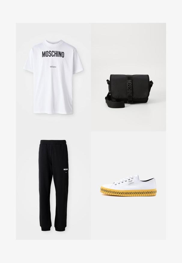 Biele bavlnené tričko s odvážnym čiernym textom "MOSCHINO" nad menším textom "Milano". Klasický okrúhly výstrih a krátke rukávy.; Čierne tepláky s relaxed fit strihom, vyrobené z mäkkého materiálu. Majú elastický pás a biele logo "Moschino" na ľavom stehne.; Biele nízke plátené tenisky s bielymi šnúrkami a žltou podrážkou navrhnuté tak, aby vyzerali ako meracia páska so značkami veľkosti.; Čierna nylonová crossbody taška s chlopňou, ktorá má výrazné uzatváranie na popruh s logom, nastaviteľný popruh a detaily bočného šitia.