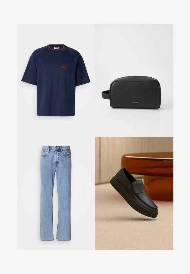 Camiseta de algodón de color azul marino con mangas cortas, cuello redondo y detalles en burdeos. Presenta un logo bordado de "Calvin Klein" en el lado izquierdo del pecho.; Jeans de mezclilla azul claro con un diseño de pierna recta, cinco bolsillos y cierre de botón. Detalles de costura cerca de los bolsillos y la cintura.; Zapato mocasín de piel negra tipo slip-on con una tira sobre la parte superior, colocado sobre una alfombra beige y junto a una mesa redonda marrón.; Neceser de cuero negro con superficie texturizada, forma redondeada y asa lateral. Presenta el logo de Calvin Klein en la parte frontal.