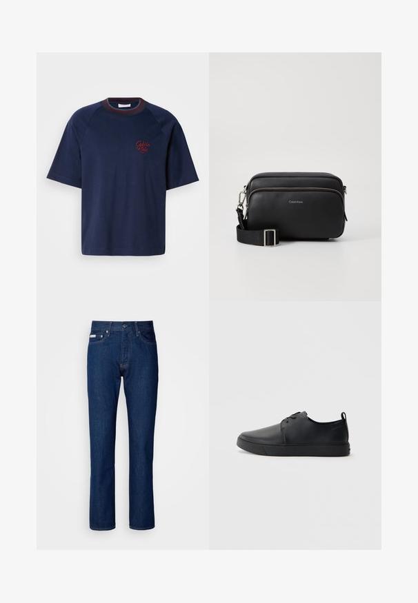 Camiseta de algodón de color azul marino con mangas cortas, cuello redondo y detalles en burdeos. Presenta un logo bordado de "Calvin Klein" en el lado izquierdo del pecho.; Jeans de denim azul oscuro con un diseño de pierna recta, que cuentan con una cremallera y cierre de botón, cinco bolsillos y detalles de costura sutiles.; Zapatilla negra de cuero con acabado suave, punta redondeada, costuras a tono, cordones en la parte delantera y suela de goma plana. Asa en el talón.; Bolso bandolera de cuero negro con dos compartimentos con cremallera, acabado texturizado, correa ajustable y acentos de hardware en plata. Logo de Calvin Klein exhibido.