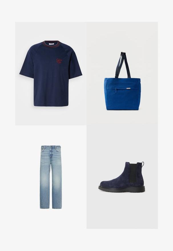 Camiseta de algodón de color azul marino con mangas cortas, cuello redondo y detalles en burdeos. Presenta un logo bordado de "Calvin Klein" en el lado izquierdo del pecho.; Vaqueros azul claro de corte recto con un sutil desgaste y pequeñas zonas desgastadas cerca del dobladillo inferior en ambas piernas.; Botín Chelsea de ante azul marino con paneles laterales elásticos y tira para facilitar el calzado. Suela de goma negra con un acabado texturizado para un mejor agarre y durabilidad.; Bolsa de lona azul con un bolsillo frontal con cremallera, correas dobles para el hombro y forma rectangular. Cuenta con una etiqueta de marca sutil.