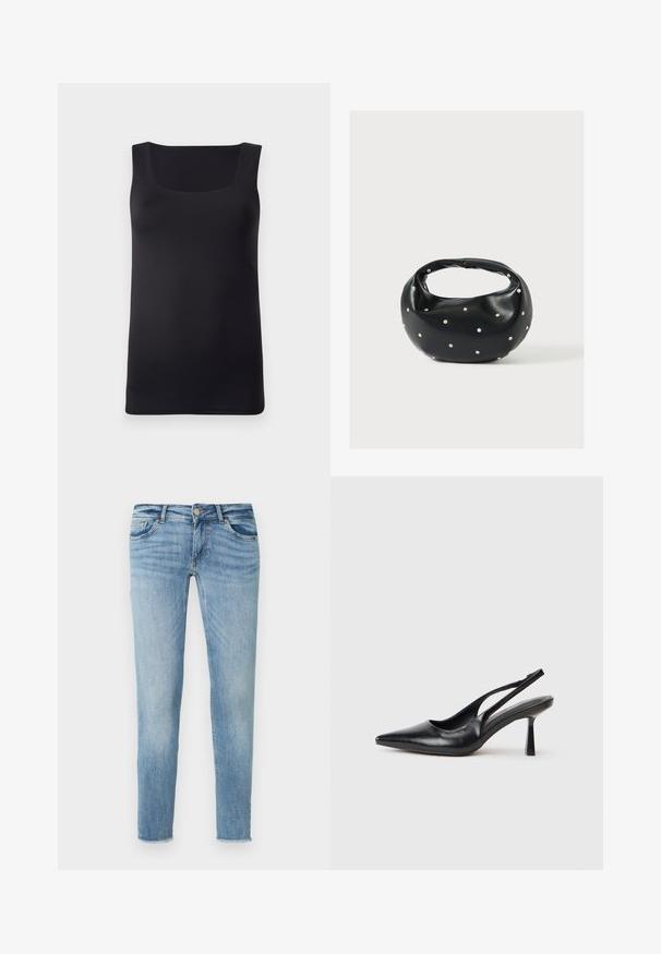 Débardeur noir sans manches avec un décolleté carré, fabriqué en tissu lisse, présentant une coupe ajustée et des bords nets, sans motifs ni accents visibles.; Jean en denim bleu clair à coupe slim, avec cinq poches, fermeture par bouton et légère décoloration. L'ourlet est légèrement effiloché.; Chaussure à talon haut en cuir noir, à bride arrière, avec un bout pointu et un talon fin sur fond blanc.; Sac à main en cuir noir de forme arrondie, décoré de clous argentés et équipé d'une poignée courte. Texture lisse et fermeture éclair.