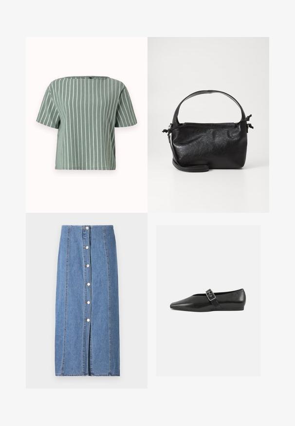Lysegrøn stribet kortærmet bluse med firkantet udskæring. Lavet af tekstureret stof med lodrette hvide striber. Casual og boxy pasform.; Lysblå denimnederdel med lige silhuet. Har en frontlukning med knapper, lodret syning og rå kant forneden.; Sorte læder flade sko med spidse tæer, prydet med en metallisk spænde over vristen og en lav, fleksibel sål.; Sort læderhåndtaske med et struktureret design, rund tophåndtag og aftagelig skulderrem. Den har en glat tekstur og en subtil glans.