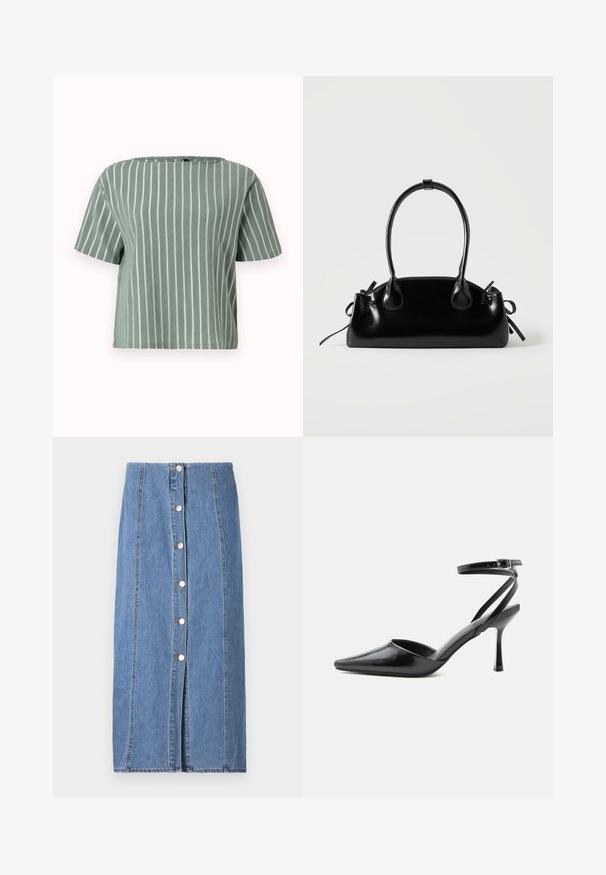 Lysegrøn stribet kortærmet bluse med firkantet udskæring. Lavet af tekstureret stof med lodrette hvide striber. Casual og boxy pasform.; Lysblå denimnederdel med lige silhuet. Har en frontlukning med knapper, lodret syning og rå kant forneden.; Sort spids højhælet sko med tynde ankelremme og sølvspænde på en ensfarvet lys baggrund.; Lille sort blank håndtaske med to lange håndtag og snøre-detaljer i siden på en ensfarvet lys baggrund.