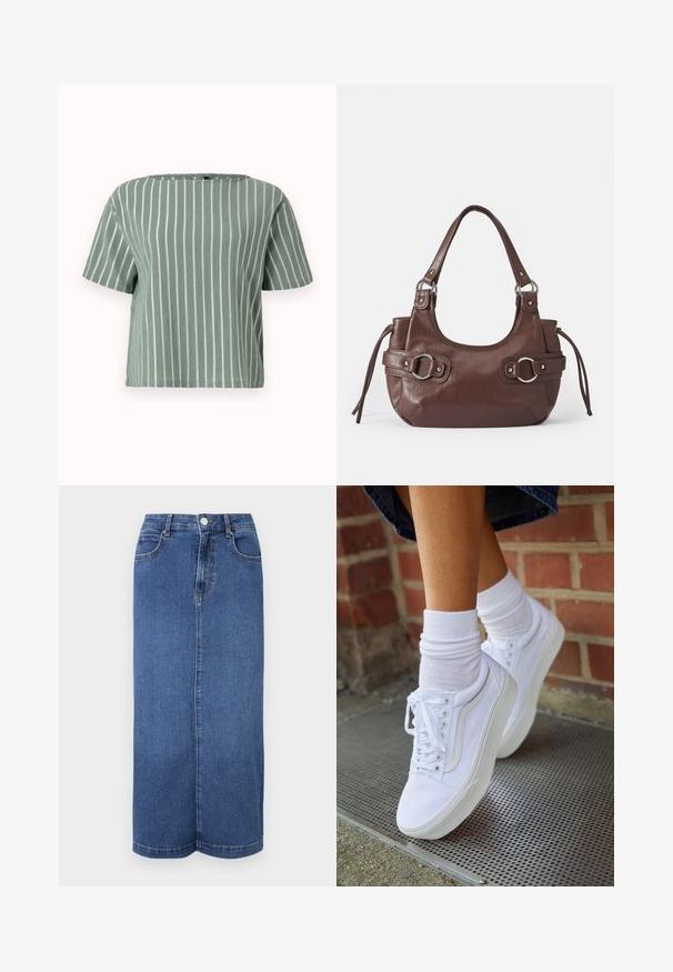 Lysegrøn stribet kortærmet bluse med firkantet udskæring. Lavet af tekstureret stof med lodrette hvide striber. Casual og boxy pasform.; Mørkeblå denim maxiskørt med lige snit, talje med knaplukning og minimale syninger.; Hvide lærreds sneakers med gummisåler, der har seks snørehuller, rund tå og let sømdetaljer, krydret med hvide ankelstrømper.; Brun læderhåndtaske med rund form, sølvhardware, to sideskuldre og en glat tekstur. Har en enkelt toppen håndtag.