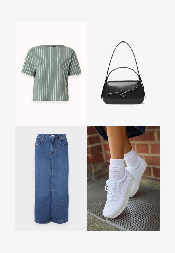 Haut à manches courtes rayé vert clair avec un décolleté carré. Fabriqué en tissu texturé avec des lignes blanches verticales. Coupe décontractée et ample.; Jupe maxi en denim bleu foncé, avec une coupe droite, une taille avec une fermeture à bouton et des détails de couture minimalistes.; Baskets en toile blanches avec semelles en caoutchouc, dotées de six œillets, d'un bout rond et de détails de couture légers, portées avec des chaussettes blanches mi-mollet.; Sac à bandoulière en cuir noir avec un rabat incurvé fermé par un fermoir métallique rond et une sangle fine et ajustable.