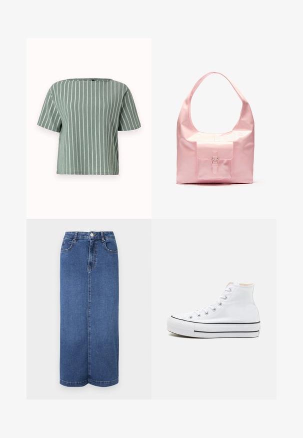 Lysegrøn stribet kortærmet bluse med firkantet udskæring. Lavet af tekstureret stof med lodrette hvide striber. Casual og boxy pasform.; Mørkeblå denim maxiskørt med lige snit, talje med knaplukning og minimale syninger.; Hvide høj-top sneakers lavet af kanvasmateriale, sort gummisål og kontrasterende sort stribe på mellemsålen. Rund tåhætte og snørebåndsdesign.; Lyserød håndtaske med en blank finish, stor skulderrem, forlommer med dekorativ spænde detalje. Glat tekstur, minimalistisk design.