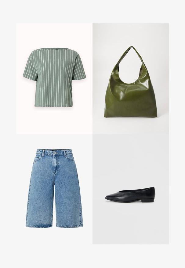Lysegrøn stribet kortærmet bluse med firkantet udskæring. Lavet af tekstureret stof med lodrette hvide striber. Casual og boxy pasform.; Lysblå denimshorts med en bred skæring, standard fem-lomme design og et struktureret stof med en falmet finish.; Sorte læder flade sko med spids tå, let hævet hæl og glat overflade. Simpelt design uden synligt hardware eller mønstre.; Grøn læder hobo taske med en slouchy design, buet håndtag og glat tekstur. Indeholder ingen synlig hardware eller accenter.