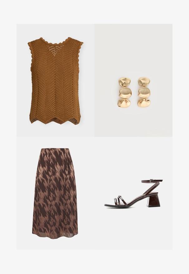 Top en tricot marron sans manches avec bords festonnés et motif en ajouré texturé, présenté sur fond blanc.; Jupe mi-longue avec motif texturé abstrait marron et beige, ourlet évasé et tissu léger.; Sandale en cuir verni marron foncé avec talon bloc, bride à la cheville avec boucle et deux fines lanières sur les orteils sur fond blanc.; Boucles d’oreilles pendantes ton or avec trois segments irréguliers, lisses et arrondis empilés verticalement sur un fond clair uni.