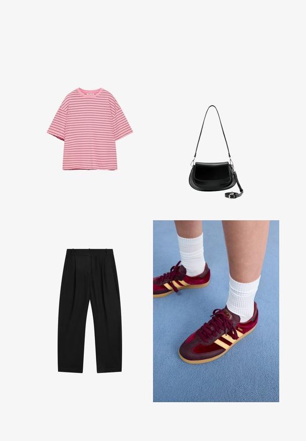 T-shirt rose à manches courtes avec de fines rayures noires horizontales et un col rond sur fond blanc.; Pantalon noir droit sur mesure avec passants pour ceinture et plis devant, présenté sur fond blanc.; Baskets en daim et cuir bordeaux avec des rayures jaunes et une semelle en gomme. Chaussettes blanches côtelées visibles au-dessus de la cheville, posées sur une surface texturée bleue.; Sac à épaule en cuir noir avec fermeture à rabat, bandoulière longue amovible enroulée à la base, et ferrures en métal argenté sur fond blanc.
