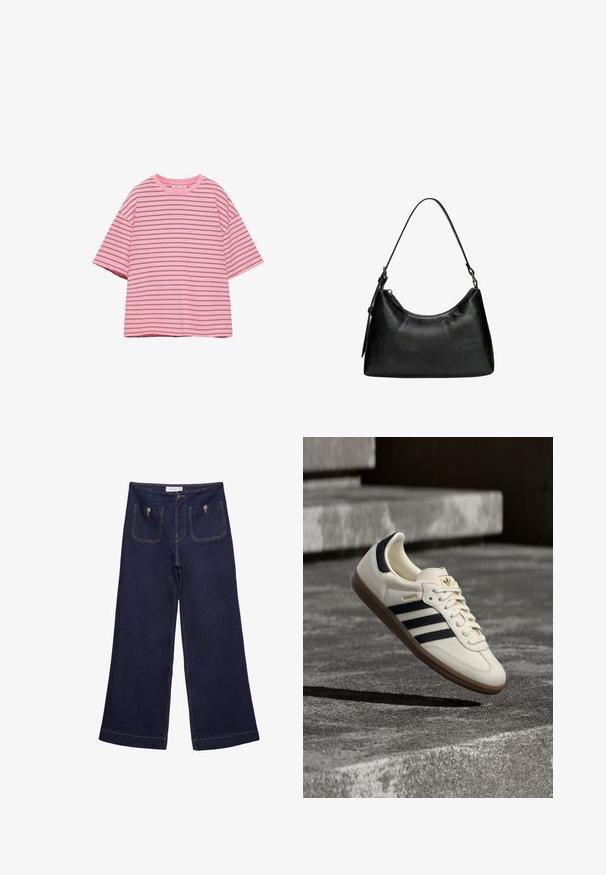 T-shirt rose à manches courtes avec de fines rayures noires horizontales et un col rond sur fond blanc.; Pantalon en jean large bleu foncé à taille haute, poches plaquées à l'avant fermées par des boutons en métal et détails de coutures visibles.; Baskets blanches Adidas Samba avec des bandes noires et une semelle en gomme, flottant au-dessus de marches en béton gris texturé.; Sac à main noir en simili cuir avec une forme incurvée, poignée courte, fermeture éclair et un motif texturé subtil sur la surface.