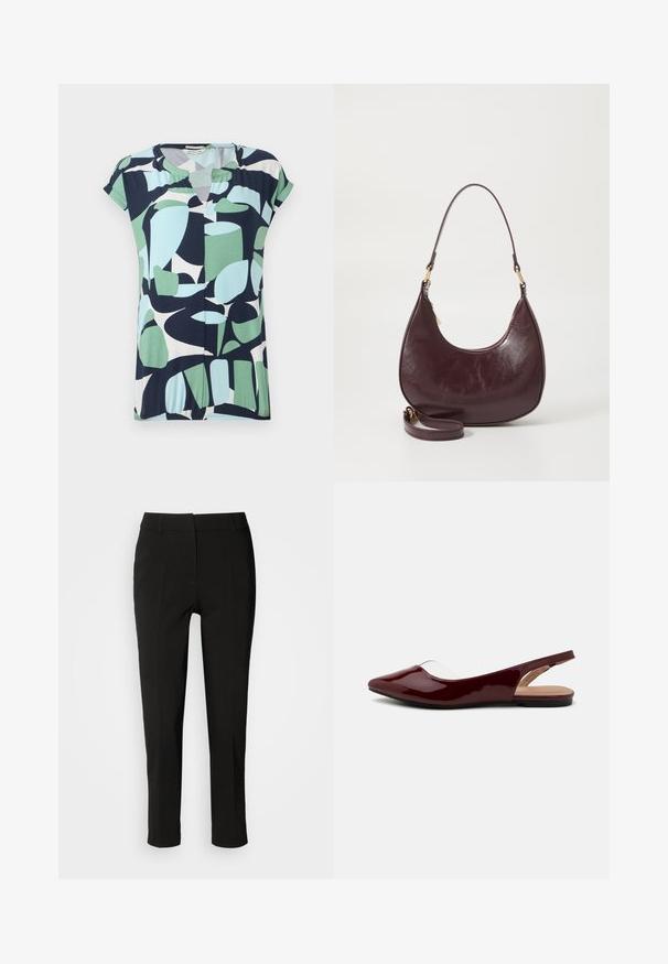 Haut à manches courtes et décolleté en V en bleu marine, vert menthe et bleu clair avec des motifs géométriques abstraits et un détail froncé à l'ourlet.; Pantalons noirs ajustés avec une coupe slim, devant plat et sans poches visibles, offrant une texture lisse et une finition soignée au bas.; Ballerines à talon slingback en vernis bordeaux avec un bout pointu, une découpe transparente et une semelle plate noire. Texture lisse, design minimaliste.; Sac à épaule en cuir bourgogne avec une forme incurvée, fermeture éclair et une sangle détachable. Présente une texture lisse et des accents en métal doré.