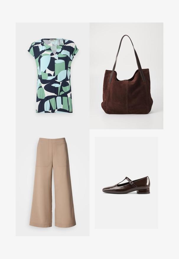 Haut à manches courtes et décolleté en V en bleu marine, vert menthe et bleu clair avec des motifs géométriques abstraits et un détail froncé à l'ourlet.; Pantalons à jambes larges en tissu beige clair. Comprend deux poches avant en applique, une taille plate et une texture lisse avec une finition soignée.; Chaussures Mary Jane en cuir verni marron avec un bout arrondi, un design ajouré et une bride réglable. Talon bas bloc.; Sac fourre-tout en daim marron avec deux anses en cuir noir. Texture douce, haut arrondi et un intérieur spacieux. Aucun matériel ou embellissement visible.