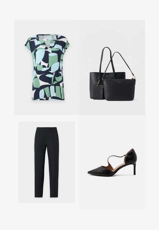 Haut à manches courtes et décolleté en V en bleu marine, vert menthe et bleu clair avec des motifs géométriques abstraits et un détail froncé à l'ourlet.; Pantalon noir sur mesure à jambe droite, taille mi-haute, coutures devant et poches latérales, présenté sur un fond clair uni.; Chaussure à talon haut en cuir noir à bout pointu avec une fine bride à la cheville et un talon stiletto de hauteur moyenne sur fond blanc.; Ensemble de deux sacs en similicuir noir, un grand cabas et un sac plus petit avec fermeture éclair, avec des accents de ferrures dorées et un logo embossé.