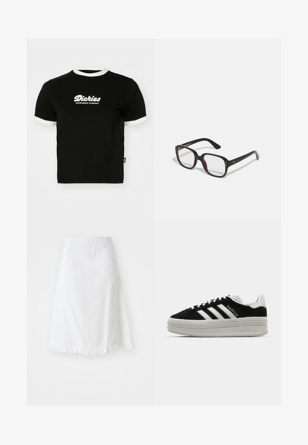 Camiseta de algodón negra con cuello y bordes de mangas de canalé blancos. Presenta en la parte frontal un texto de logo blanco: "Dickies Workwear Company". Mangas cortas.; Falda blanca con cintura elástica, que presenta un patrón texturizado y un dobladillo con volantes en la parte inferior. Diseño simple en forma de A.; Zapatillas negras de ante con detalles en cuero blanco, tres rayas blancas, cordones planos y una gruesa suela de plataforma gris. Marca "Gazelle" en dorado.; Gafas rectangulares negras con lentes transparentes, con bordes redondeados y acentos laterales, con un acabado brillante en el marco y las patillas.