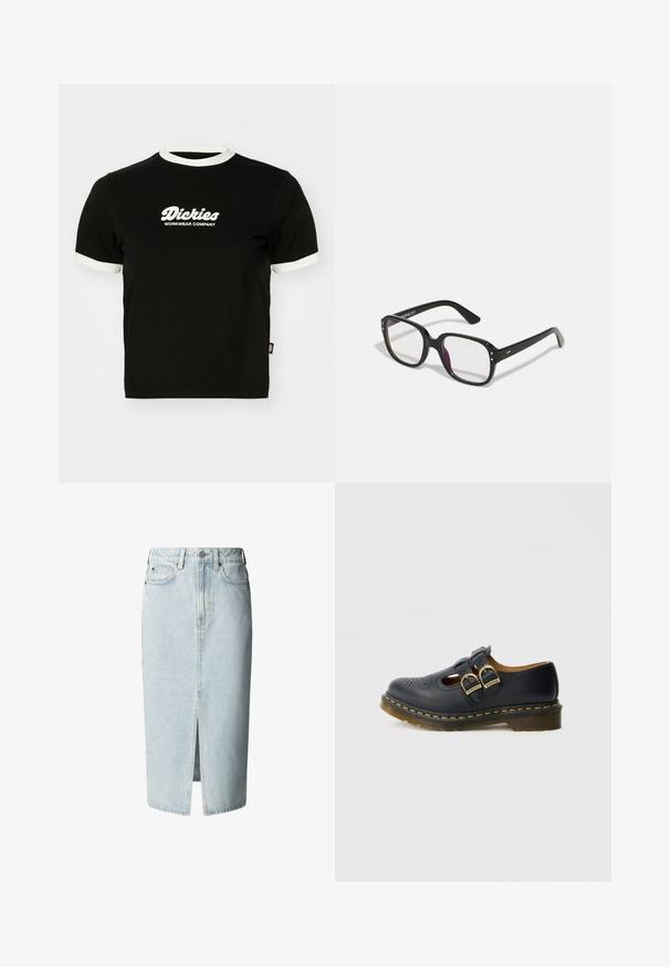 Mustapaita, jossa on valkoiset ribatut kaula-aukko ja hihansuut. Edessä on valkoinen logo-teksti: "Dickies Workwear Company." Lyhyet hihat.; Vaaleansininen farkkumekon midi-hame, jossa edessä halkio, vyölenkit, nappi- ja vetoketjusuljenta sekä etu- ja takataskut.; Musta nahkakenkä, jossa on kaksi solkipantaa, koristeltuna rei'itetyllä kuvioinnilla, pyöreä kärki ja keltainen ommelyksityiskohta pohjan ympäri.; Mustat suorakulmaiset lasit kirkkailla linsseillä, pyöristettyjen reunojen ja sivu-akseleiden kanssa, kiiltävällä viimeistelyllä kehykset ja varsissa.