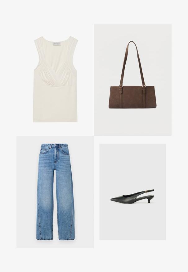 Top sans manches de couleur crème avec un col en V et des détails froncés sur les côtés, fabriqué en matériau doux et extensible. L'étiquette indique "ANNA FIELD."; Jean en denim large à taille haute, bleu clair, avec poches avant, passants de ceinture, fermeture à bouton et détails de couture visibles.; Chaussure slingback noire à bout pointu en cuir lisse. Présente un talon fin et un détail de boucle sur la sangle réglable.; Sac à bandoulière rectangulaire marron avec longues sangles et détails de couture minimalistes sur un fond uni.