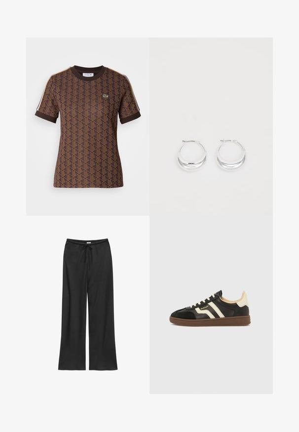Braunes Kurzarm-T-Shirt mit einem geometrischen Muster in dunklerem Braun, einem gerippten Rundhalsausschnitt und kontrastierenden Schulterstreifen. Lacoste-Logo vorhanden.; Schwarze, weit geschnittene Hose mit elastischem Bund und vorderer Kordel zum Binden, flach auf weißem Hintergrund liegend.; Schwarze Sneaker mit cremefarbenen Streifen, Obermaterial aus strukturiertem Leder und brauner Gummisohle. Verfügt über ein Schnürdesign und eine flache Silhouette.; Silberne Creolen mit glänzender Oberfläche und DKNY-Logo, vor einem schlichten weißen Hintergrund präsentiert.