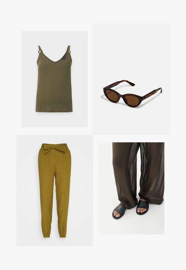 Débardeur côtelé vert kaki avec encolure en V, fines bretelles et petits anneaux métalliques reliant les bretelles au haut, présenté sur un fond uni.; Thought HADLEY BELTED TROUSERS - Pantalon classique - caper green; Pieds en sandales slides noires associés à un pantalon marron fluide et transparent sur un fond blanc uni.; Lunettes de soleil en écaille de tortue marron avec une forme vintage de lunettes cat-eye et des verres marron. Présente des branches courbées avec des accents rouges.