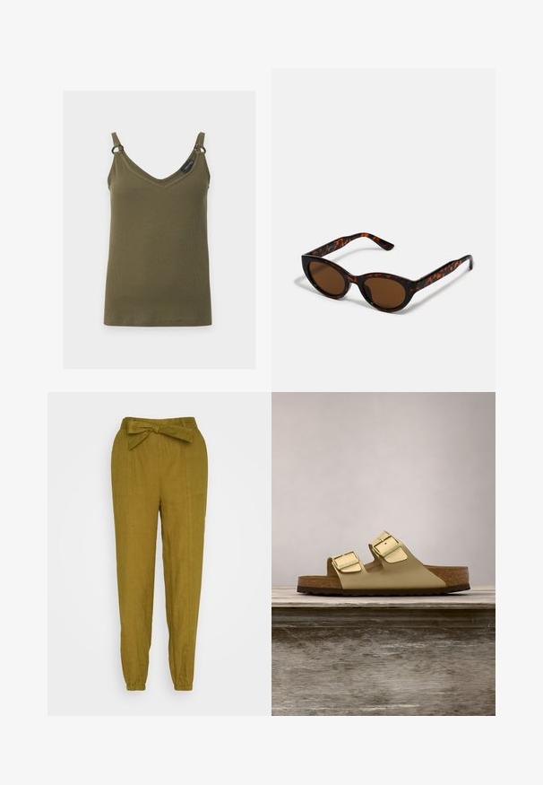 Khakigrøn ribbet tanktop med V-hals, tynde stropper og små metalringe, der forbinder stropperne til toppen, vist på en ensfarvet baggrund.; Thought HADLEY BELTED TROUSERS - Bukser - caper green; Guldmetallic to-straps sandal med justerbare spænder, kork-såler og en struktureret gummiyderside. Har åben tå og åben hæl design.; Brune skildpadde solbriller med en vintage katteøje-form og brune linser. Har buede arme med røde detaljer.