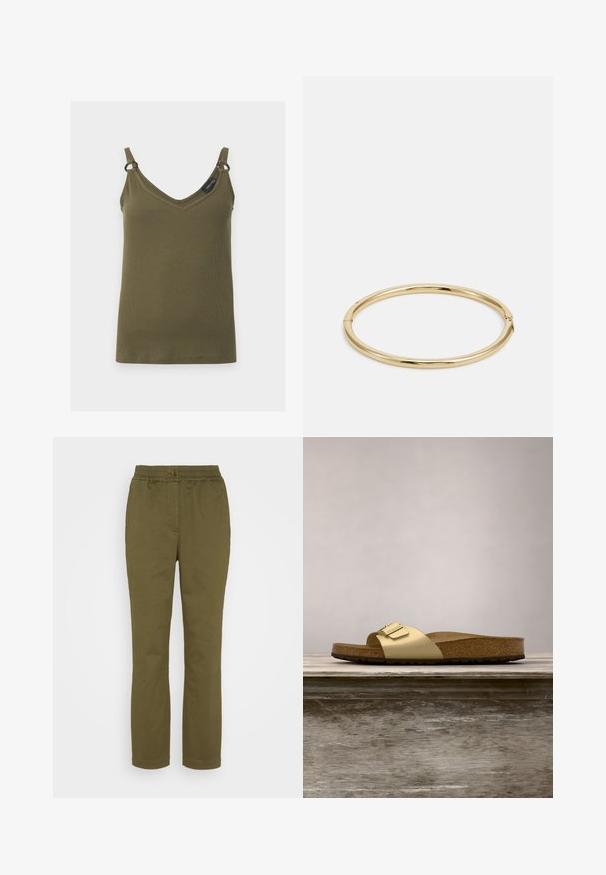 Kakigroene geribde tanktop met V-hals, dunne bandjes en kleine metalen ringen die de bandjes aan de top verbinden, getoond tegen een effen achtergrond.; Olijfgroene broek met een elastische tailleband, zijzakken en een rechte pootontwerp. Gemaakt van zachte, lichtgewicht katoenstof.; Gouden synthetische slipper met een enkele band en een gespaccent, met een bruine kurken voetbed en een gestructureerde rubberen zool.; Gouden bangle armband met een gladde, glanzende afwerking, met een ronde vorm en een subtiele sluiting.