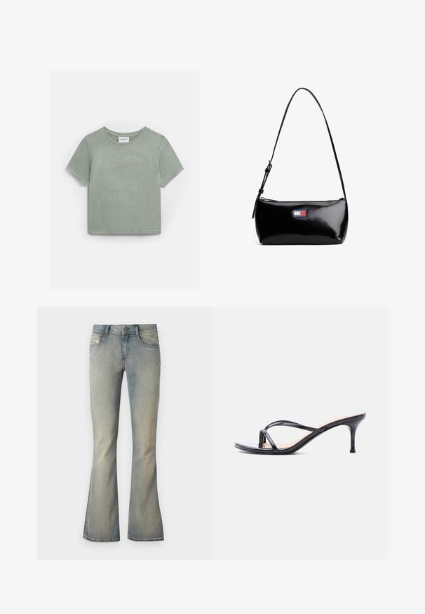 Lysegrøn bomuld T-shirt med korte ærmer, med "Juicy" broderet i rhinsten på tværs af brystet. Klassisk rund halsudskæring.; Lys blå denim flared jeans med en mid-rise talje, subtilt slid og standard fem-lomme design. Har en front knaplukning.; Sort laklædersandal med hæl, tynde krydsede remme og en slank mellemhøj stilethæl på en hvid baggrund.; Sort patenteret læder skuldertaske med en buet rem, lynlåslukning og et rektangulært logo patch i rød, hvid og blå.