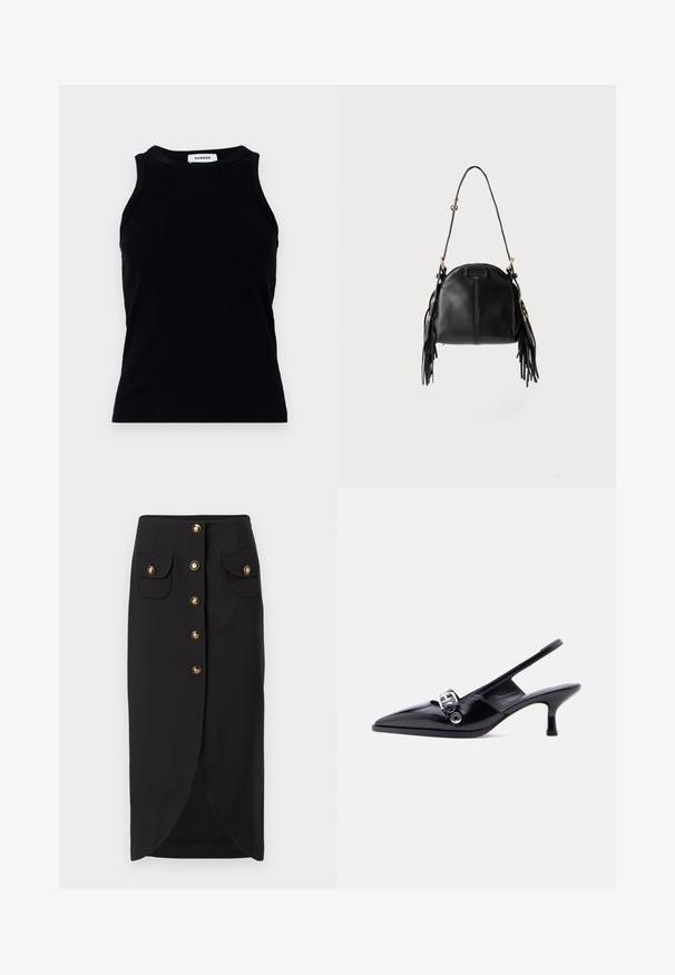 Débardeur noir à côtes avec un col rond et de larges bretelles. Ne présente ni ornements ni motifs. Texture lisse.; Jupe midi noire avec des boutons dorés à l'avant, deux poches à rabat avec des boutons dorés assortis et une légère fente frontale.; Chaussure à talon bas en cuir verni noir avec bride arrière, bout pointu et détail boucle argentée sur fond blanc uni.; Sac à main en cuir noir avec une forme courbée, une longue bandoulière réglable et des franges de chaque côté sur un fond clair.