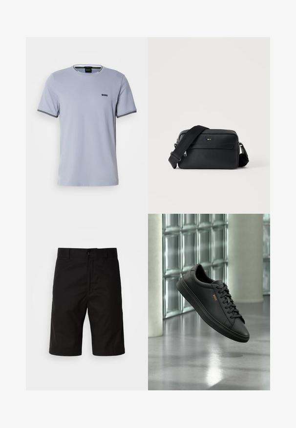 T-shirt en coton bleu clair avec un col rond, des manches courtes et des accents rayés noir et blanc au niveau des poignets, arborant un petit logo brodé.; Shorts noirs en tissu uni, avec une coupe droite, fermeture à bouton et une texture lisse sans motifs visibles.; Baskets basses en cuir noir avec lacets noirs et logo BOSS doré sur le côté, flottant au-dessus d’un sol gris brillant dans un espace intérieur moderne.; Sac bandoulière en cuir noir texturé avec poche avant zippée et bandoulière large en tissu réglable sur fond blanc.