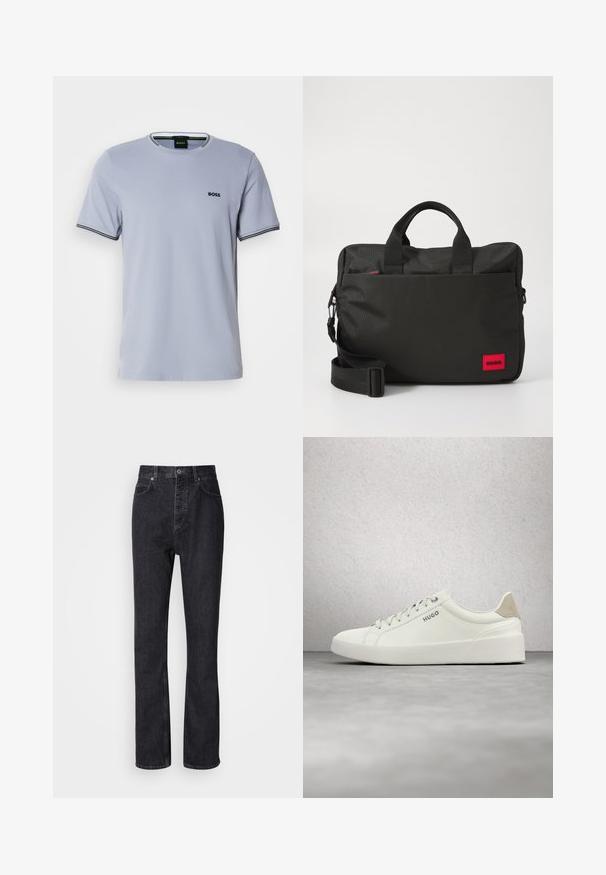 Lys blå bomulds t-shirt med rund hals, korte ærmer og sort-hvide striber på manchetterne, med et lille broderet logo.; Høj talje sorte denim jeans med knap- og lynlåsåbning, for- og baglommer samt lige ben.; Hvid lav sneaker med snørebånd og beige hælflap med mærket "HUGO," svævende over en poleret betonflade nær en glasblokvæg.; Sort nylon laptoptaske med dobbelte topgreb, justerbar skulderrem, rød logoaccent og tekstureret frontpanel samt lynlåslukket hovedrum.