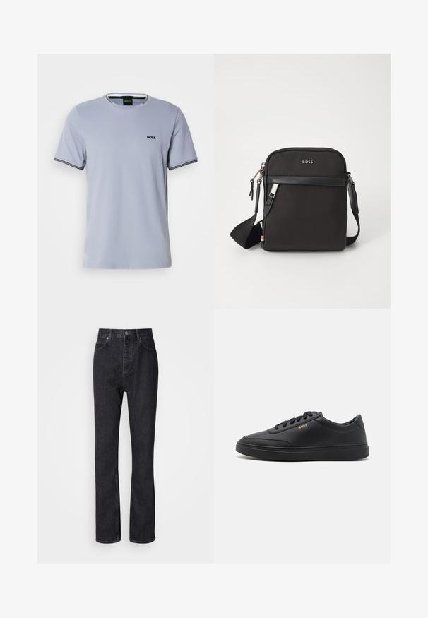 T-shirt en coton bleu clair avec un col rond, des manches courtes et des accents rayés noir et blanc au niveau des poignets, arborant un petit logo brodé.; Jean en denim noir taille haute avec fermeture à bouton et à glissière, poches avant et arrière, et coupe droite.; Baskets en cuir noir avec une texture lisse, bout rond, semelle en caoutchouc plate et lacets ton sur ton. Présente une marque "BOSS" dorée sur le côté.; Sac bandoulière noir en tissu texturé, avec un logo sur le devant, fermeture éclair et une bandoulière réglable. Finitions en cuir lisse.