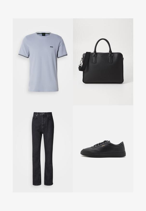 Lys blå bomulds t-shirt med rund hals, korte ærmer og sort-hvide striber på manchetterne, med et lille broderet logo.; Høj talje sorte denim jeans med knap- og lynlåsåbning, for- og baglommer samt lige ben.; Sorte lædersneakers med en glat overflade, rund tå, flad gummisål og tonede snørebånd. Udstyret med guld "BOSS" branding på siden.; Sort lædertaske med struktureret overflade, doble håndtag og en aftagelig skulderrem. Har sølvfarvede lynlåse og minimalistiske designelementer.