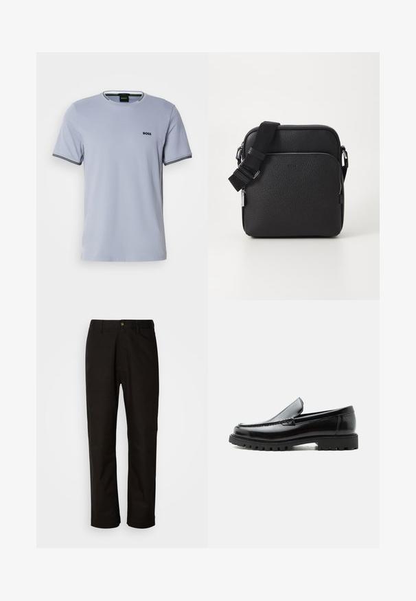 T-shirt en coton bleu clair avec un col rond, des manches courtes et des accents rayés noir et blanc au niveau des poignets, arborant un petit logo brodé.; Pantalon en coton noir avec une coupe droite, des passants de ceinture, une fermeture éclair à l'avant et un seul bouton. Texture lisse sans motifs visibles.; Mocassin en cuir noir avec semelle en caoutchouc épaisse, dessus cousu et nom de marque embossé sur le talon, présenté de profil sur fond blanc.; Sac bandoulière en cuir noir avec une surface texturée, doté d'une poche zippée à l'avant, d'une bandoulière ajustable et d'accents en métal.