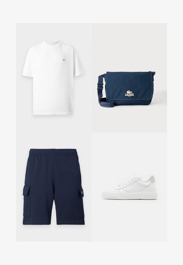 T-shirt en coton blanc avec col rond et manches courtes. Présente un petit logo lacoste noir sur le côté gauche de la poitrine.; Shorts cargo bleu marine en tissu doux, dotés d'une ceinture élastique, de deux poches latérales et d'un petit logo sur la poche gauche.; Des baskets en cuir blanc avec une finition lisse, un bout rond, des lacets plats et une semelle texturée. Accents en daim gris au niveau du talon.; Sac messager Lacoste bleu marine avec bandoulière réglable et écusson logo sur le rabat avant, sur un fond clair uni.