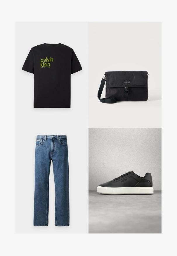 Camiseta de algodón negra con texto amarillo que dice "calvin klein" y "nueva york desde 1968" en una fuente moderna y audaz. Mangas cortas.; Vaqueros de mezclilla azul de pierna recta con cintura alta, cierre de botón y cremallera, bolsillos frontales y una pequeña etiqueta blanca de la marca en el bolsillo derecho.; Zapatillas de cuero negro con suela de goma blanca, puntera redondeada y cordones planos. Detalles texturizados en los lados, diseño minimalista.; Bolso mensajero negro de Calvin Klein con correa de hombro ajustable y solapa frontal asegurada con una hebilla, mostrado sobre un fondo liso.