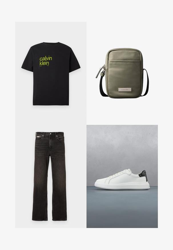 Sort bomulds t-shirt med gul tekst, der står "calvin klein" og "new york city since 1968" i en moderne, fed skrifttype. Korte ærmer.; Sorte denimjeans med lige ben, falmet finish, fem-lomme-stil og metalknaplukning. Har let slidte detaljer.; Hvide sneakers med en glat læderoverdel og en kontrasterende sort hælaccents. Har flade snørebånd og en tekstureret gummisål.; Kompakt korsbodytaske i olivengrøn med forlomme, sort justerbar rem, lynlåslukning og Calvin Klein logo-plakette.