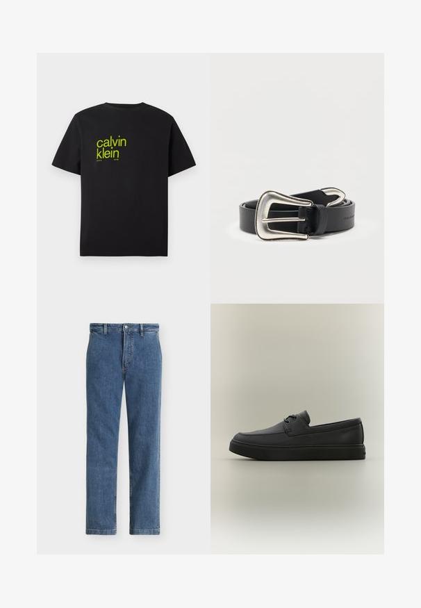 Must mustrips mustrips t-särk musta puuvillast, millel on kollane tekst, mis ütleb "calvin klein" ja "new york city since 1968" modernses, julges fondis. Lühikesed varrukad.; Sirged säärega sinised teksapüksid vöökontidega, eesmisel küljel nööp ja tõmblukk, näidatud ühetoonilise heleda taustaga.; Must nahast vabaaja loafer, millel on paeltega detailid ja paks kummist tald, nähtav küljelt neutraalsel taustal.; Must nahast vöö suure, hõbedase tooniga lääneliku stiiliga pandla ja sobiva hõbedase vöökorgiga, keeratud valgel taustal.