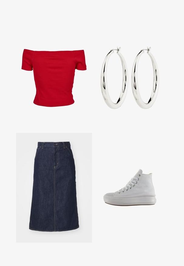 Haut rouge à épaules dénudées en tissu côtelé, avec des manches courtes et une coupe ajustée. Texture lisse, couleur unie sans motifs.; Jupe en denim foncé à taille haute, coupe droite, poches avant et coutures surpiquées. Fermeture à glissière et bouton à la taille.; Baskets montantes en toile blanche avec lacets blancs, œillets métalliques, semelle épaisse en caoutchouc et bout texturé, orientées vers la gauche sur fond blanc.; Boucles d'oreilles en argent en forme de halo, avec une surface lisse et réfléchissante. Forme ronde et large avec un fermoir sécurisé en haut. Fini poli mettant en valeur l'éclat.