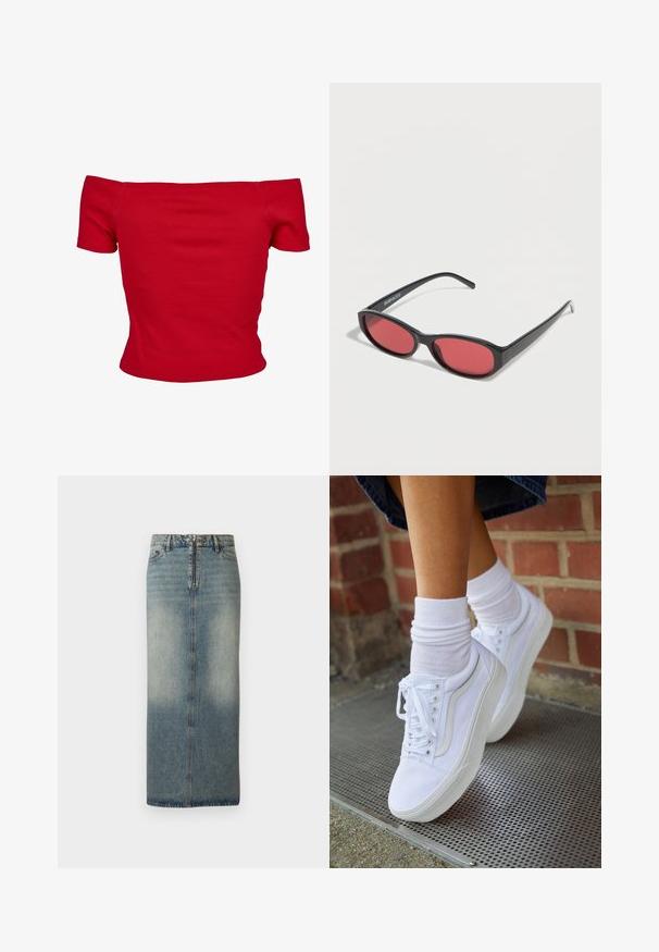 Rode off-shoulder top gemaakt van ribbelstof, met korte mouwen en een getailleerd ontwerp. Gladde textuur, effen kleur zonder patronen.; Denim midi rok in lichtblauw met een vervaagde afwerking. Voorzien van een voormouw met rits en knoopsluiting, rechte snit en minimale stikdetails.; Witte canvas sneakers met rubberen zolen, voorzien van zes vetertjes, een ronde neus en lichte stikdetails, gecombineerd met witte enkelsokken.; Zwarte ovale zonnebril met slanke pootjes en rood getinte glazen, rustend op een witte ondergrond.
