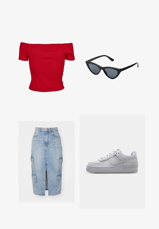 Rode off-shoulder top gemaakt van ribbelstof, met korte mouwen en een getailleerd ontwerp. Gladde textuur, effen kleur zonder patronen.; Lichtblauwe denim midi-rok met een voorkaatsche splitting, met utilityzakken aan de zijkanten en een gouden knoopdetail bij de taille.; Grijze Nike Air Force 1 sneaker met geperforeerde neus, glad leren bovenwerk, dikke zool en verhoogde 'AIR' details op de hiel.; Zwarte cat-eye zonnebril met donkergrijze lenzen, slank plastic frame, puntige hoeken en rechte pootjes. Geen zichtbare hardware of accenten.